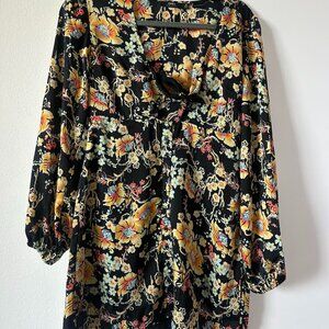 Obey Floral Tie-Front Dress – Black with Yellow & Blue Print